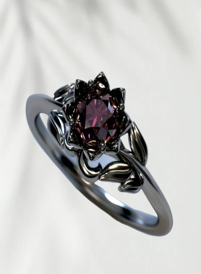 BlingNook Cubic Zirconia Rings For Women, Gothic Ring Black Flower Crystal Stackable Trendy Floral Eternity Travel Engagement Statement Wedding Birthday Jewelry Gift (Goth Black Red, 6) - Image 3